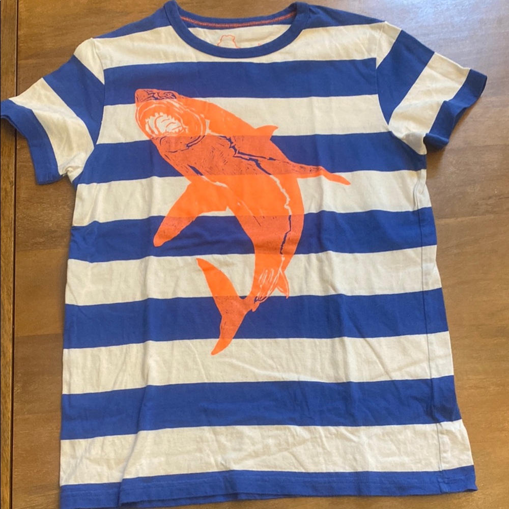 Mini Boden 11/12 Blue and White Striped Kids Shirt with Orange Shark Design